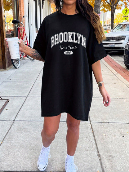Dam T-shirtklänning Oversize Casual – Brooklyn New York Tryck, Streetwear, Sommar