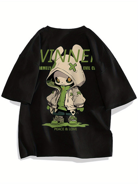 Herr T-shirt Streetwear Oversize med Tecknad Grafisk Design och Urban Stil