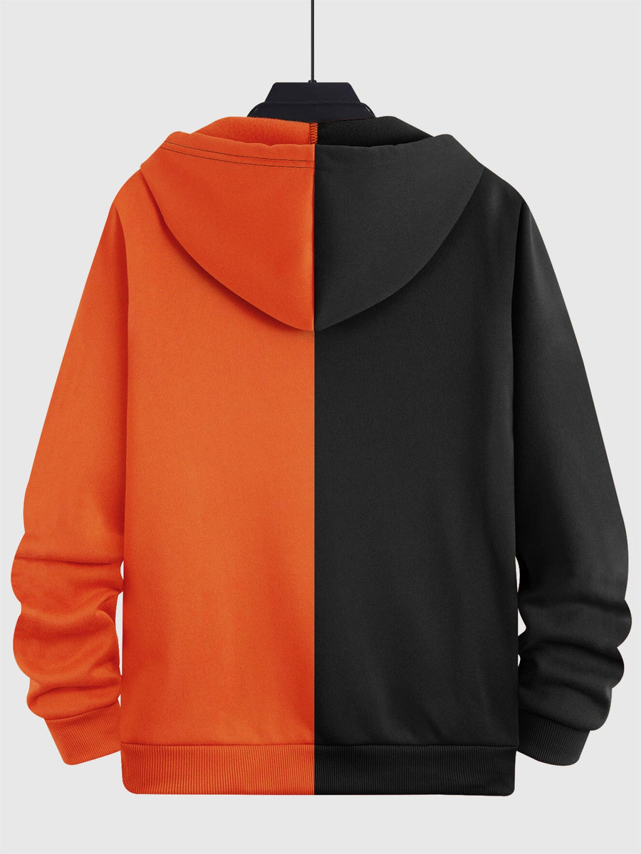 Hoodie med dragkedja och ansiktsmönster i tvåfärgad design
