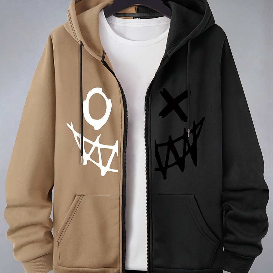 Hoodie med dragkedja och ansiktsmönster i tvåfärgad design