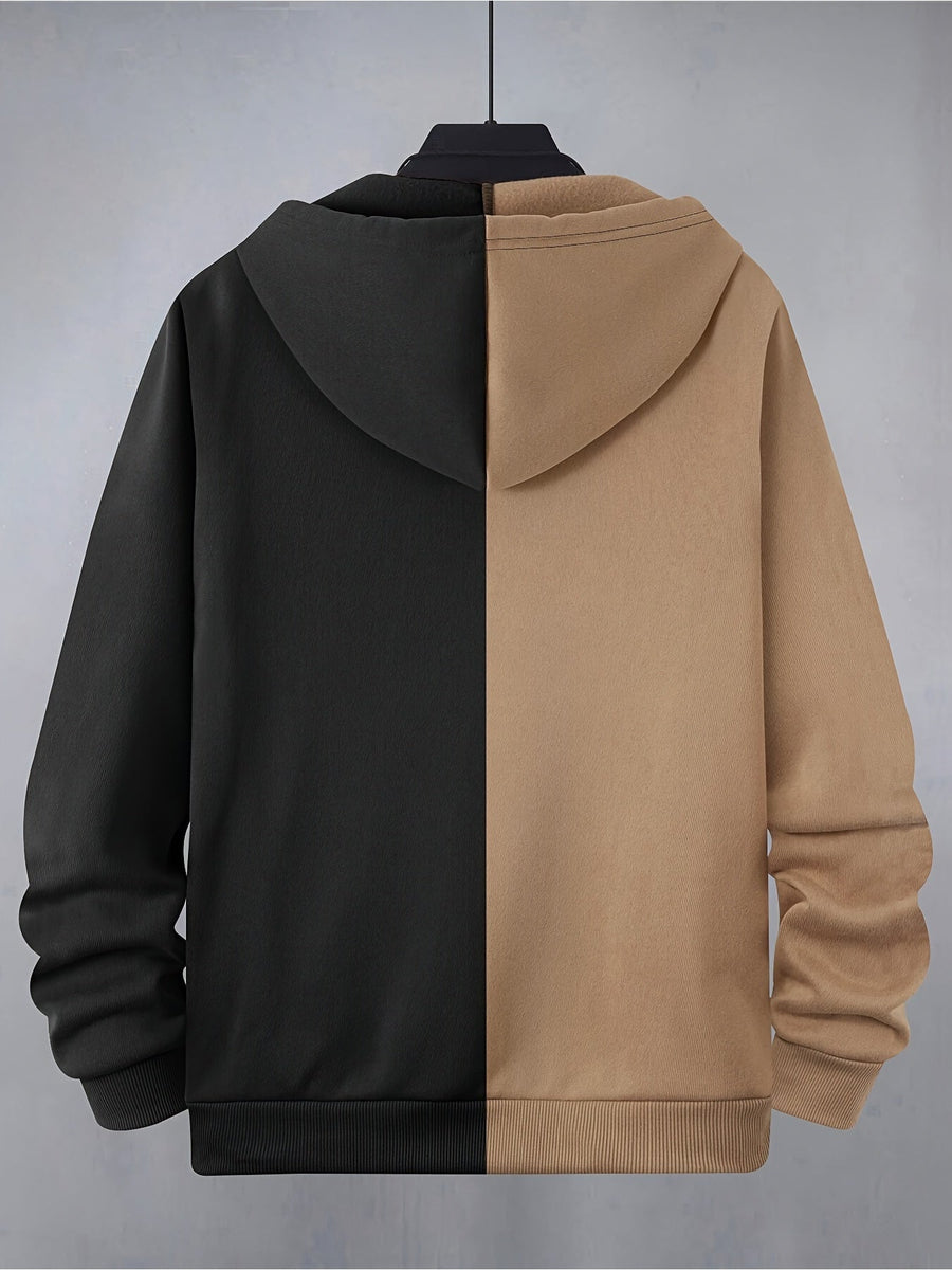 Hoodie med dragkedja och ansiktsmönster i tvåfärgad design