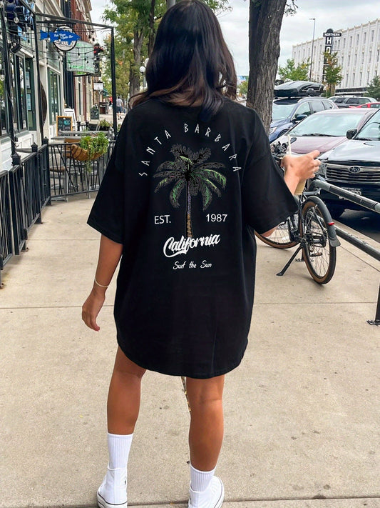 Damtopp T-shirt med tryck – Oversized streetstyle Santa Barbara California, sommar casual