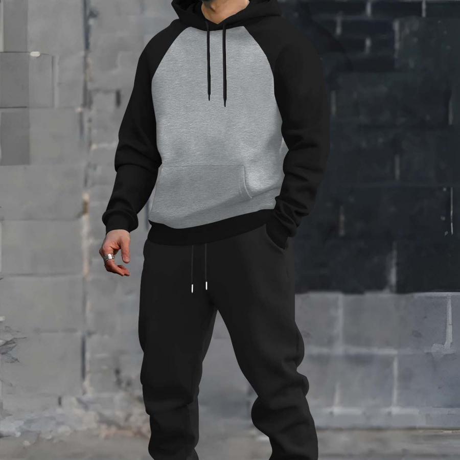 Herr Hoodieset med Kontrastfärgade Raglanärmar och Svarta Mjukisbyxor