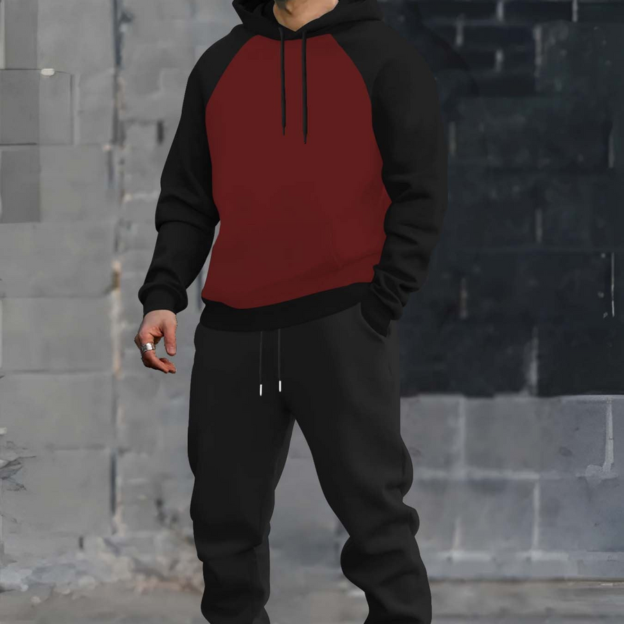 Herr Hoodieset med Kontrastfärgade Raglanärmar och Svarta Mjukisbyxor