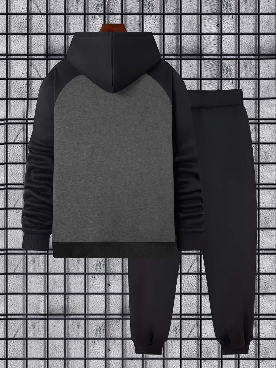 Herr Hoodieset med Kontrastfärgade Raglanärmar och Svarta Mjukisbyxor