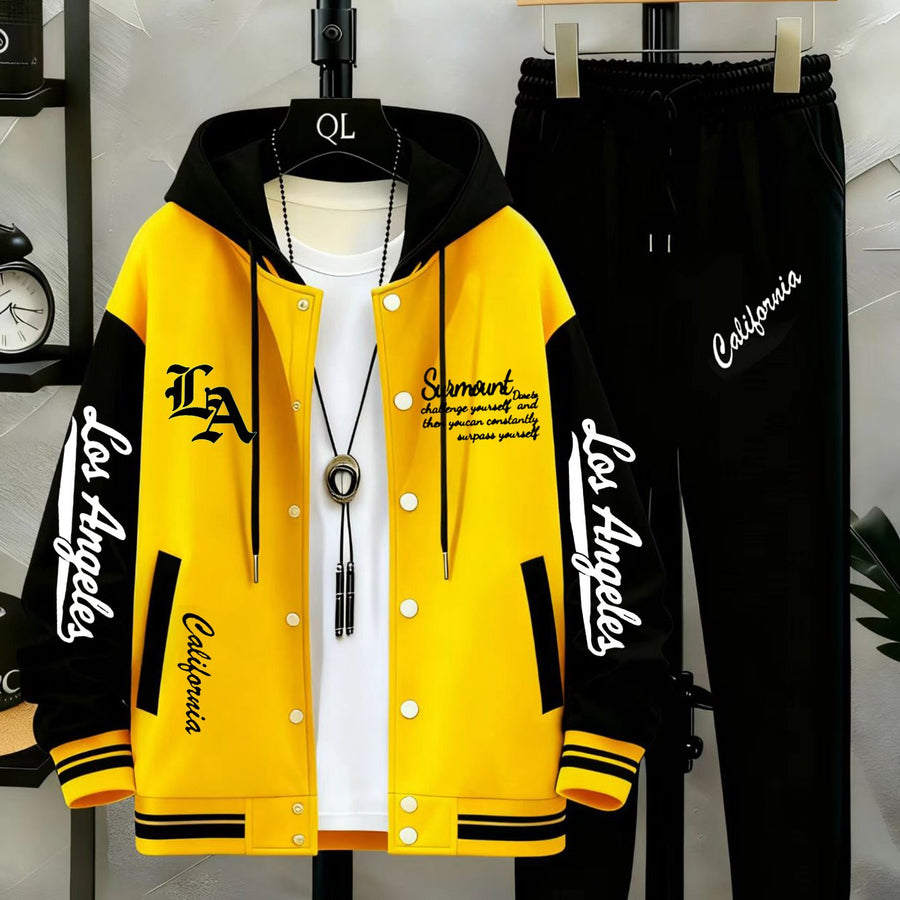 Unisex Varsity Träningsset med Tryck och Joggingbyxor, Tvåfärgad Jacka med Knappar