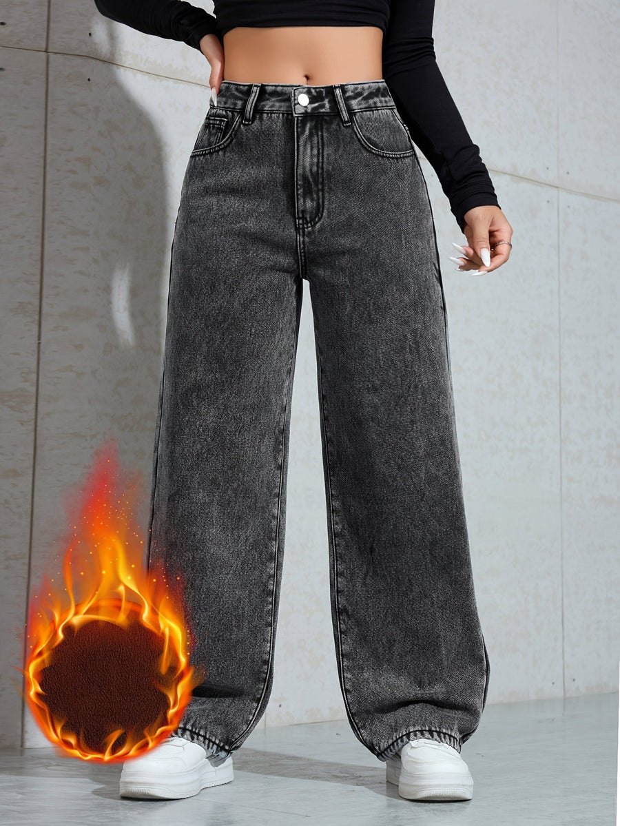Damjeans med hög midja, raka ben och mjukt foder – kolsvart tvätt