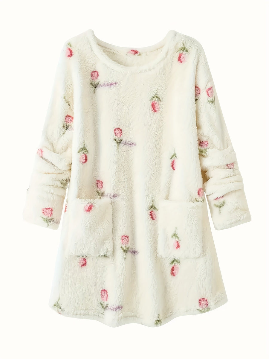 Vit nattlinne i mjukt material med blommigt mönster och fickor