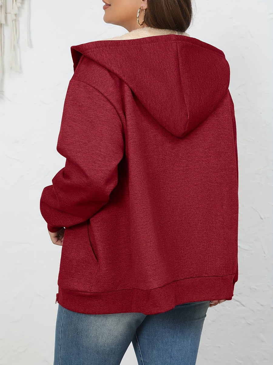 Damhoodie med dragkedja och pälsimitationfodrad luva, två fickor fram