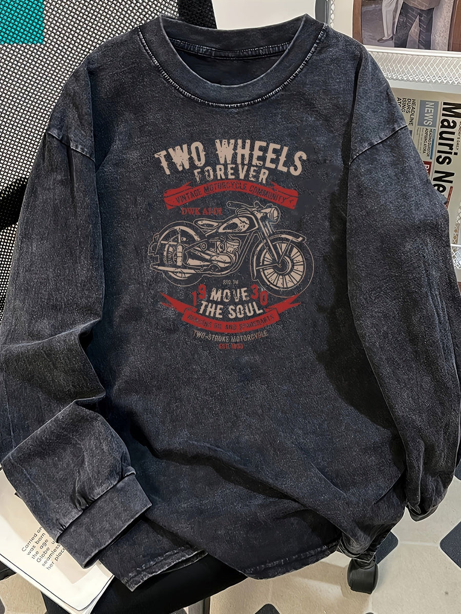 Mörkgrå Långärmad Tröja med Motorcykelmotiv och Sliten Look