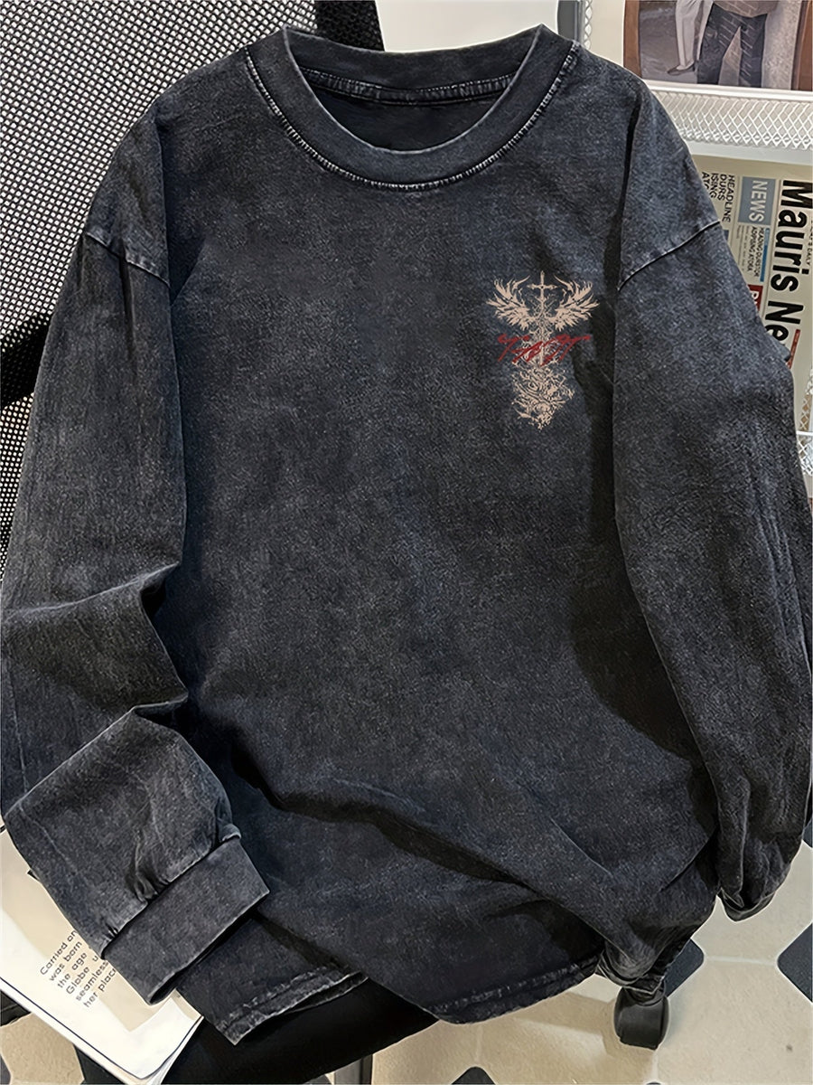 Svart långärmad T-shirt med tryck på ryggen, avslappnad passform