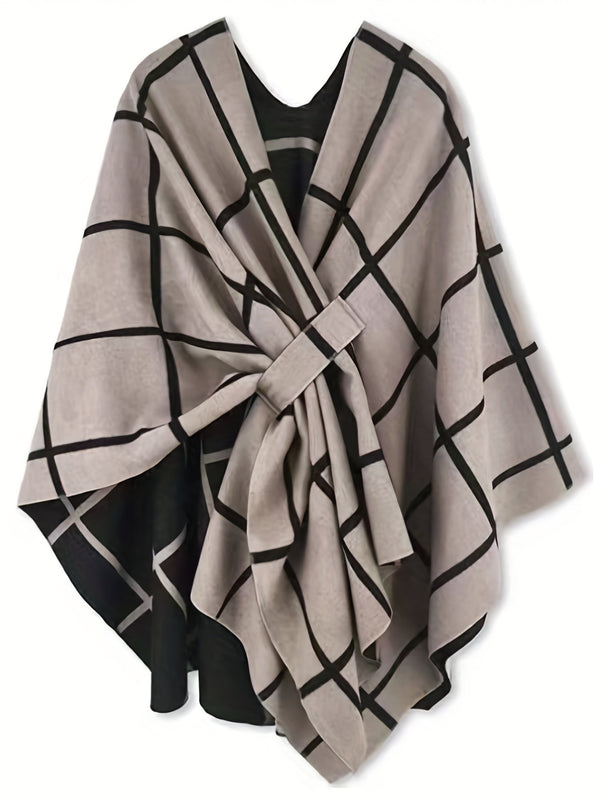 Damponcho Rutigt Mönster Beige Svart Med Sjalkrage