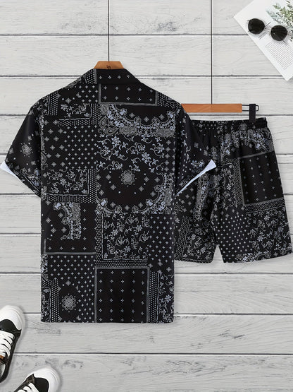 Herr Bandana-Set med Skjorta och Shorts – Avslappnad Sommarstil, Paisleymönster, Perfekt för Semester och Fritid