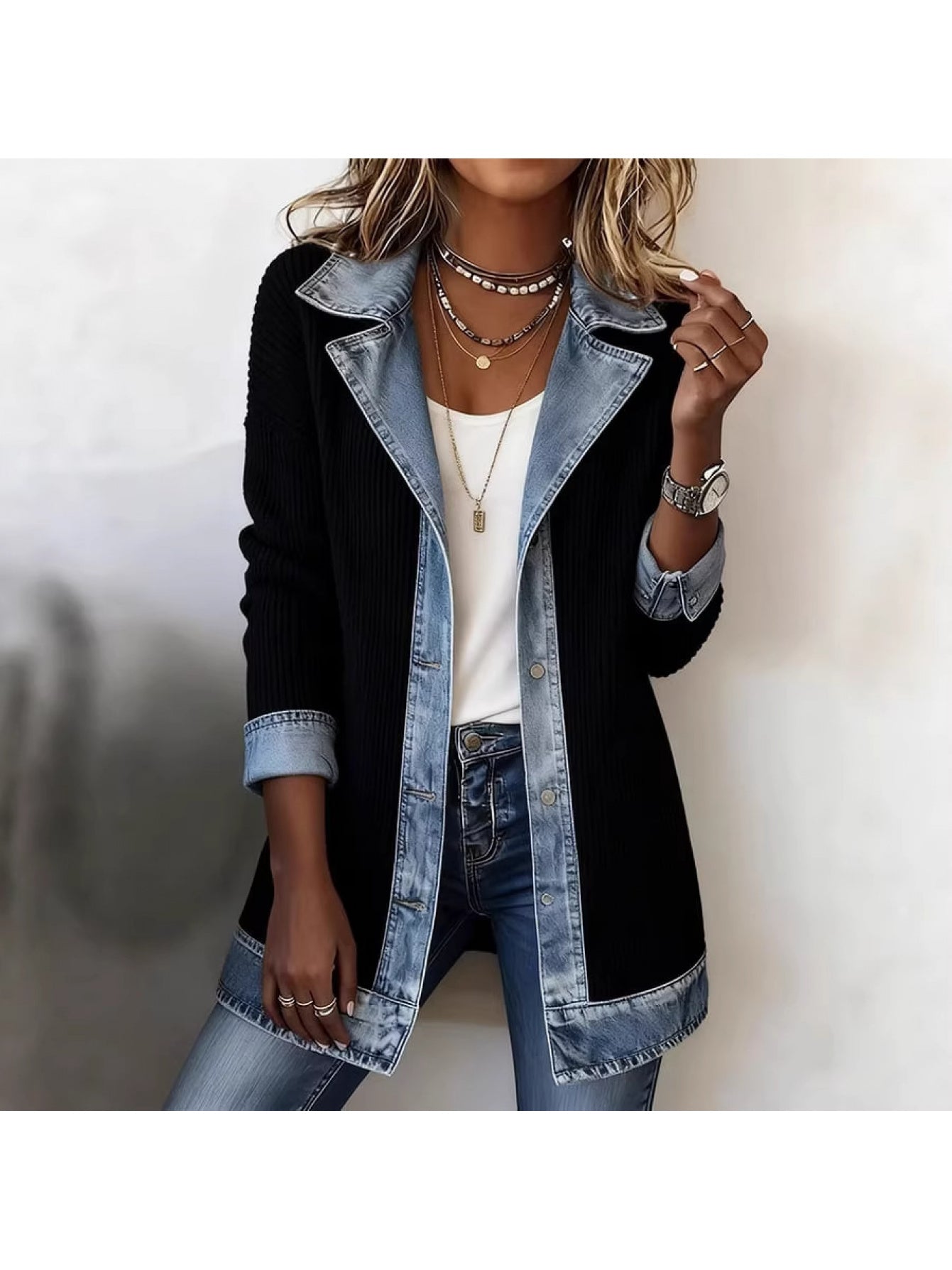 Damkavaj Elegant Långärmad Med Jeansdetaljer För Mode och Vardag