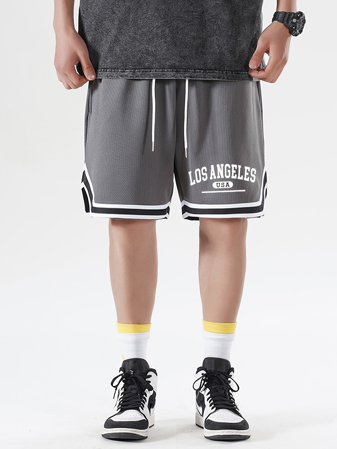 Herr Sportiga Basketshorts med Los Angeles-tryck, Löst Passform, Perfekt för Träning och Fritid