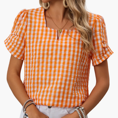 Dam Blus Elegant Rutig Vår/Sommar Top Kort Ärm Notch-Krage