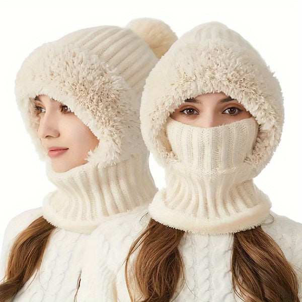 Stickad balaklava med foder i mjukt material och pompom - vintermössa med halsvärmare