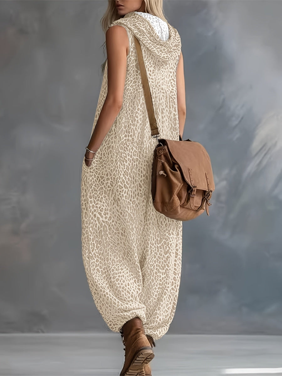 Leopardmönstrad damjumpsuit med huva och dragkedja, ärmlös