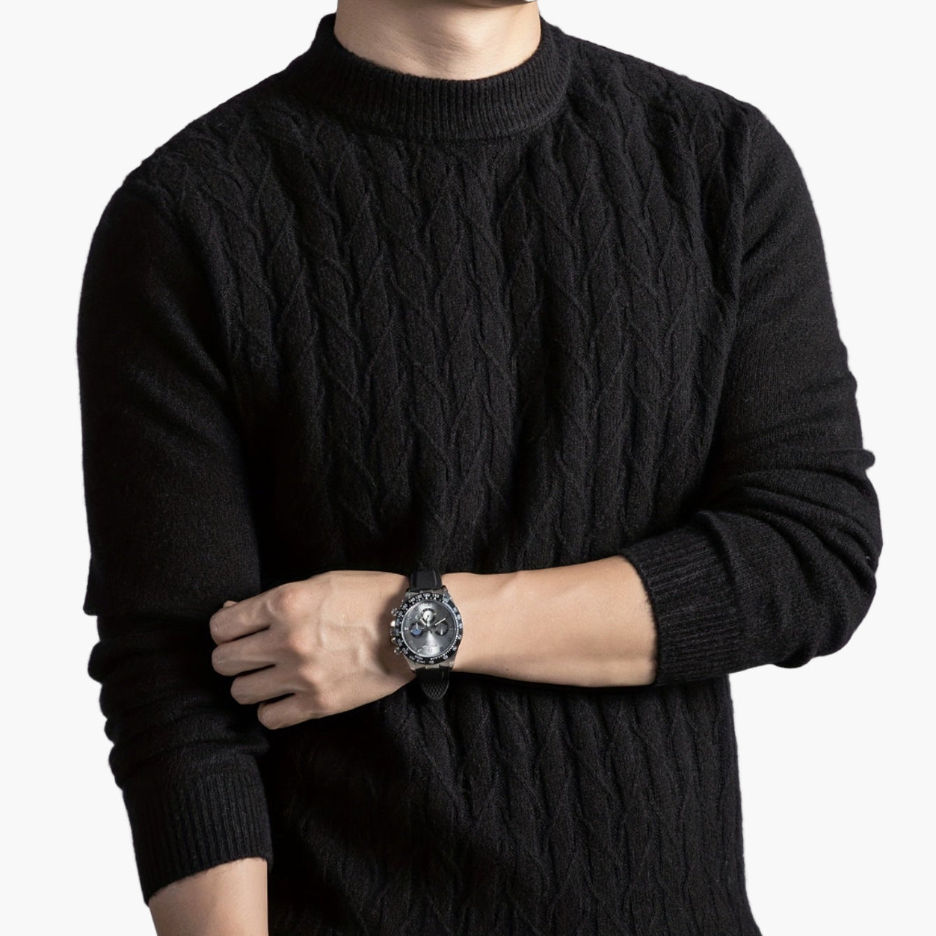 Herrtröja med kabelstickad design – Elegant vardagsstil, lång ärm, höst/vinter