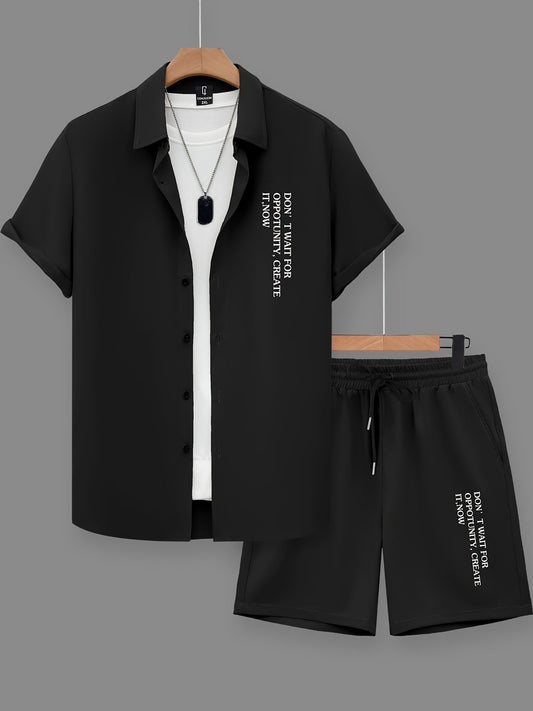 Herr Set med Kortärmad Skjorta och Shorts – Modern och Avslappnad Look med Inspirerande Text