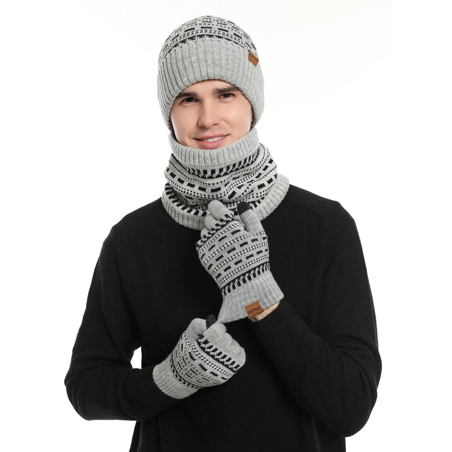 Mössa Halsvärmare Handskar Set Herr Unisex Vinterstickat Mönstrat 3-delat