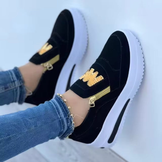 Sportiga Kvinnosneakers med Platåsula och Guldfärgade Dragkedjor – Sommar