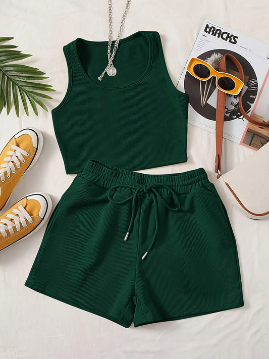 Dam Lounge Set – Ribbat Crop Top och Shorts för Vardagsbruk och Fritid