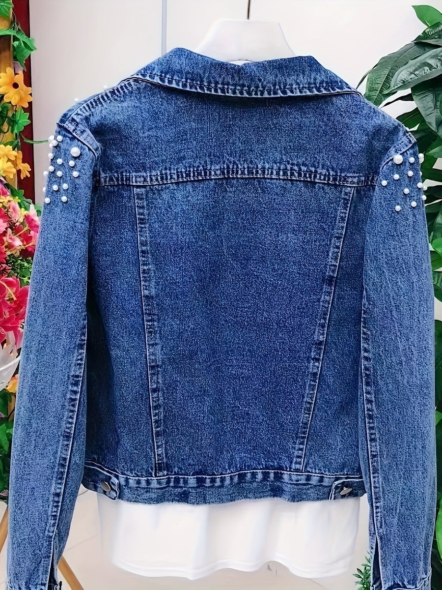 Dam Jeansjacka med Pärlor och Smyckesdetaljer Blå