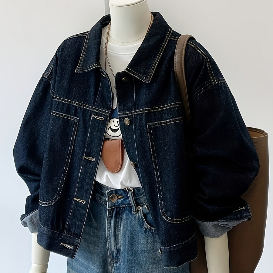 Dam denimjacka, mörkblå med klassisk krage och fickor