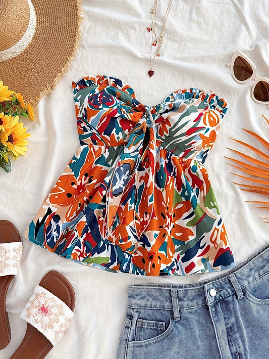 Dam Bandeau Knuten Kort Top – Somrig Blommig Design för Semester & Strand