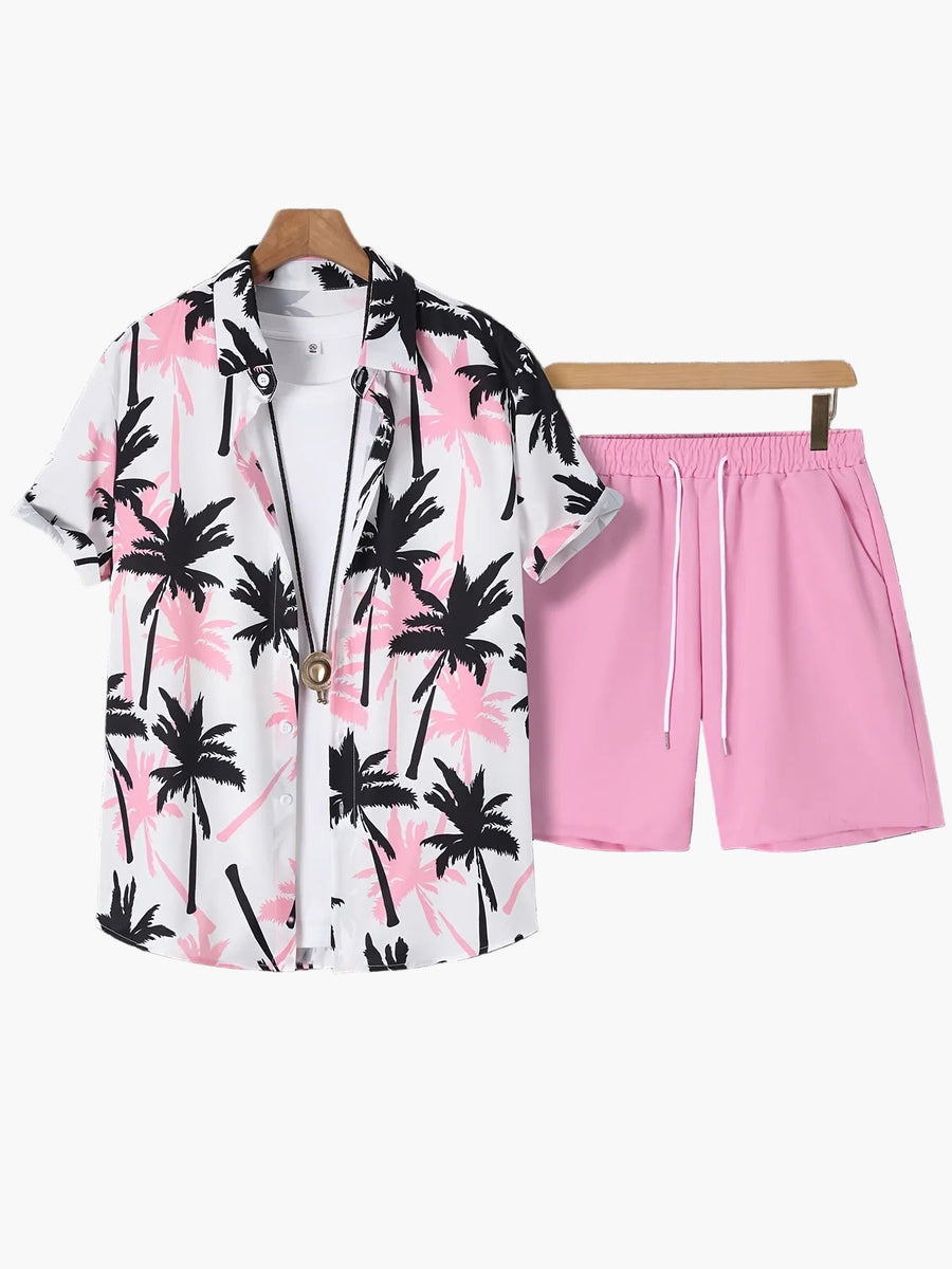 Herr Skjorta med Palmtryck och Shorts – Semesterset för Strand och Sommar