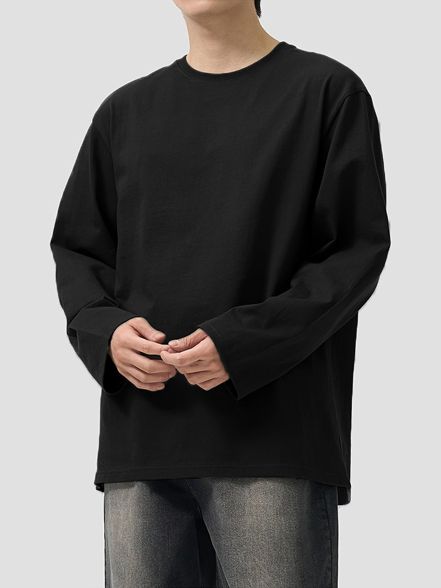Unisex Långärmad T-shirt i Enfärgad Lös Passform med Rund Hals
