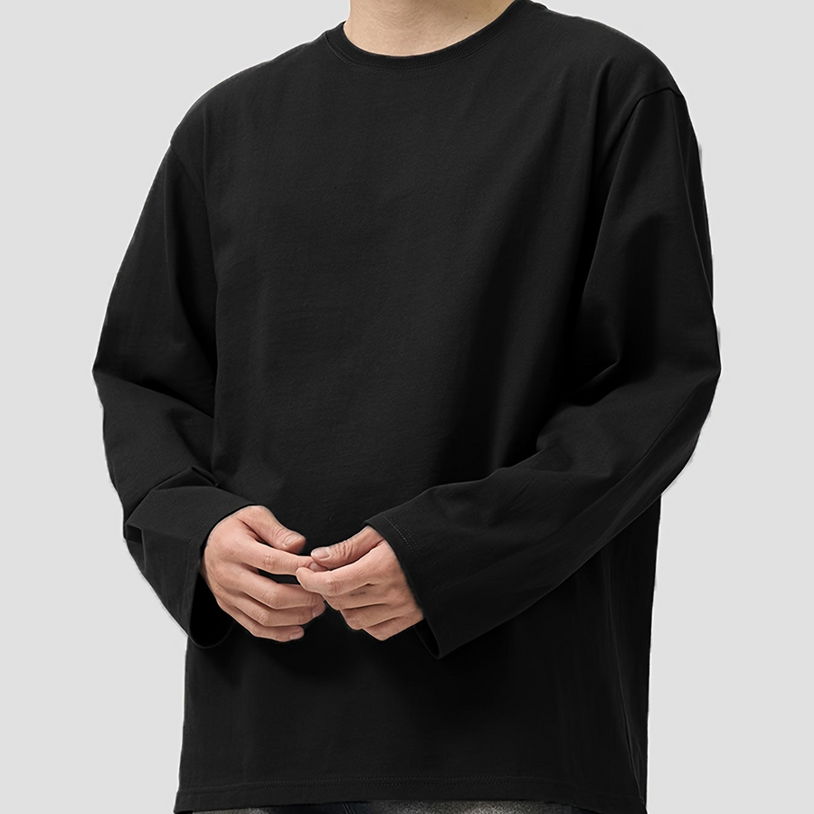 Unisex Långärmad T-shirt i Enfärgad Lös Passform med Rund Hals