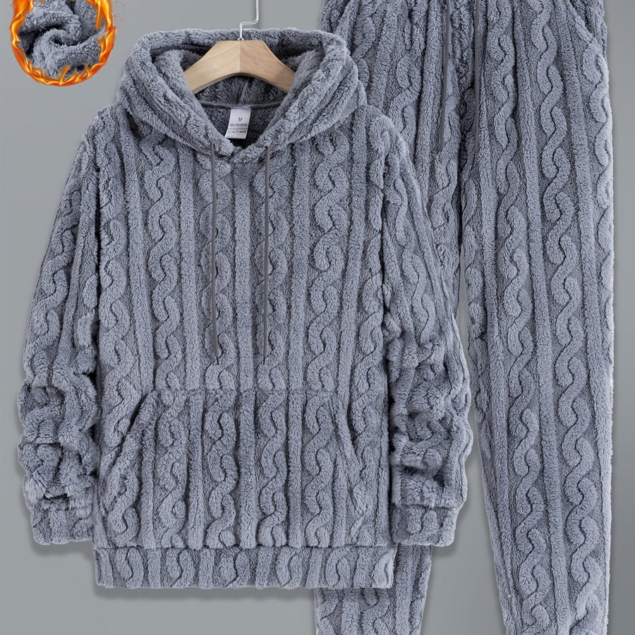 Herr Fluffig Hoodie och Byxor Set med Kabelstickat Mönster, Varm Mjuk Pyjamasdräkt