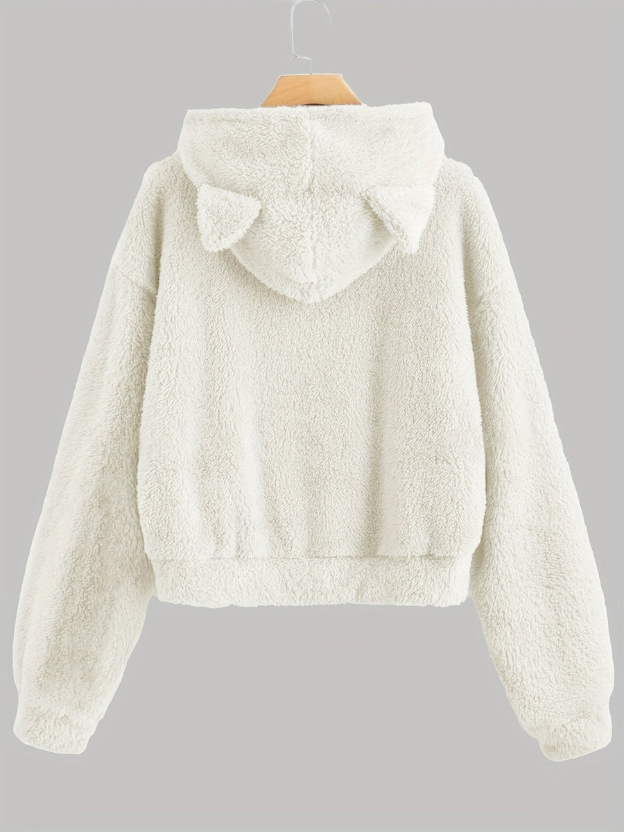 Grå fluffig hoodie med kattöron och kattapplikation, mjuk mysig tröja med huva