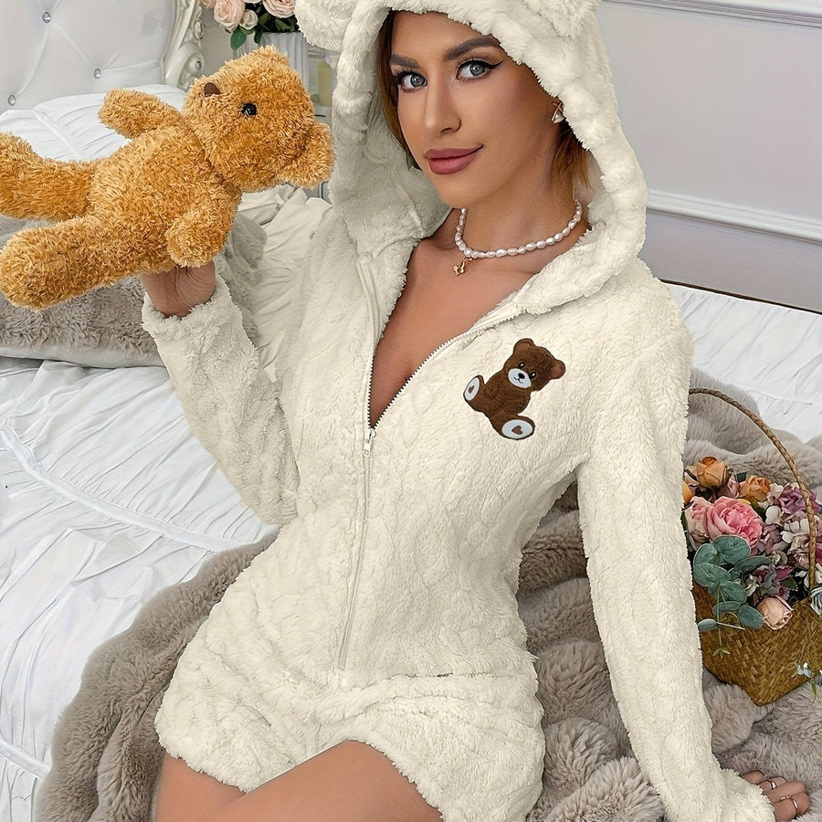 Mysig Teddybjörnsoverall för Dam, Kort Overall med Huva och Dragkedja, Svart eller Vit