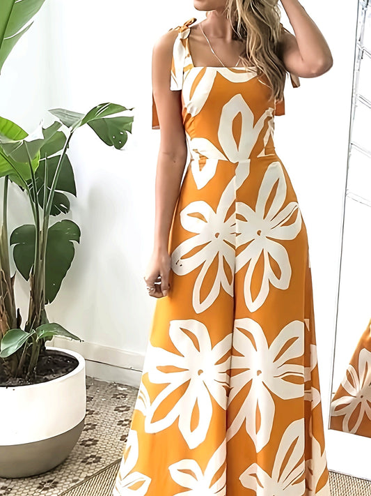 Damklänning – Elegant Sommarklänning med Blommigt Mönster och Knytband, Perfekt för Fest och Semester