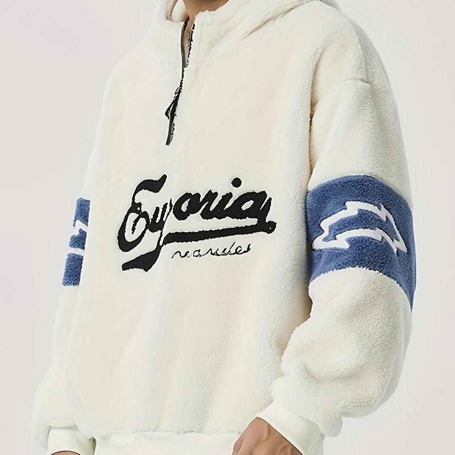 Fleecehuvtröja med halv dragkedja och broderad text, sportig design