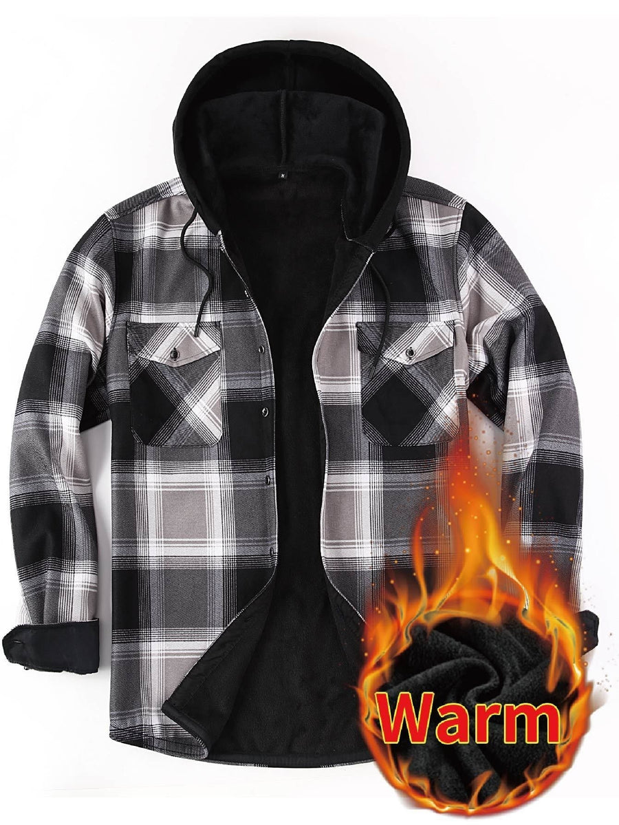 Men���s Plaid Hooded Thermal Flannel Shirt Jacket