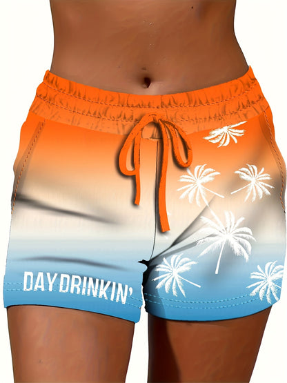 Women's semester lounge shorts med palmtryck och text DAY DRINKIN' - perfekta för sommar och fritid