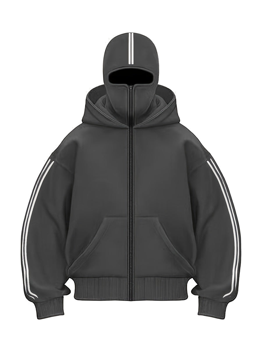 Hoodie med dragkedja och integrerad balaklava, vita ränder