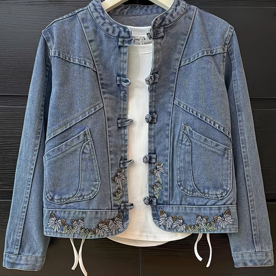 Jeansjacka med mandarin-krage och broderade fjärilar för dam