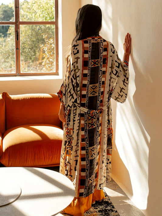 Dam Kimono Lång Bohemisk Strand Kaftan med Geometriskt Mönster – Elegant Sommarplagg