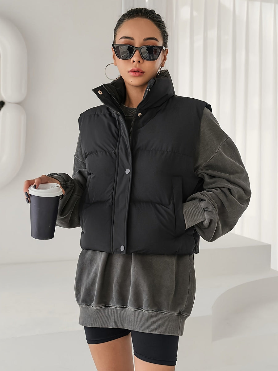 Kort Puffer Väst med Hög Krage för Dam, Beige