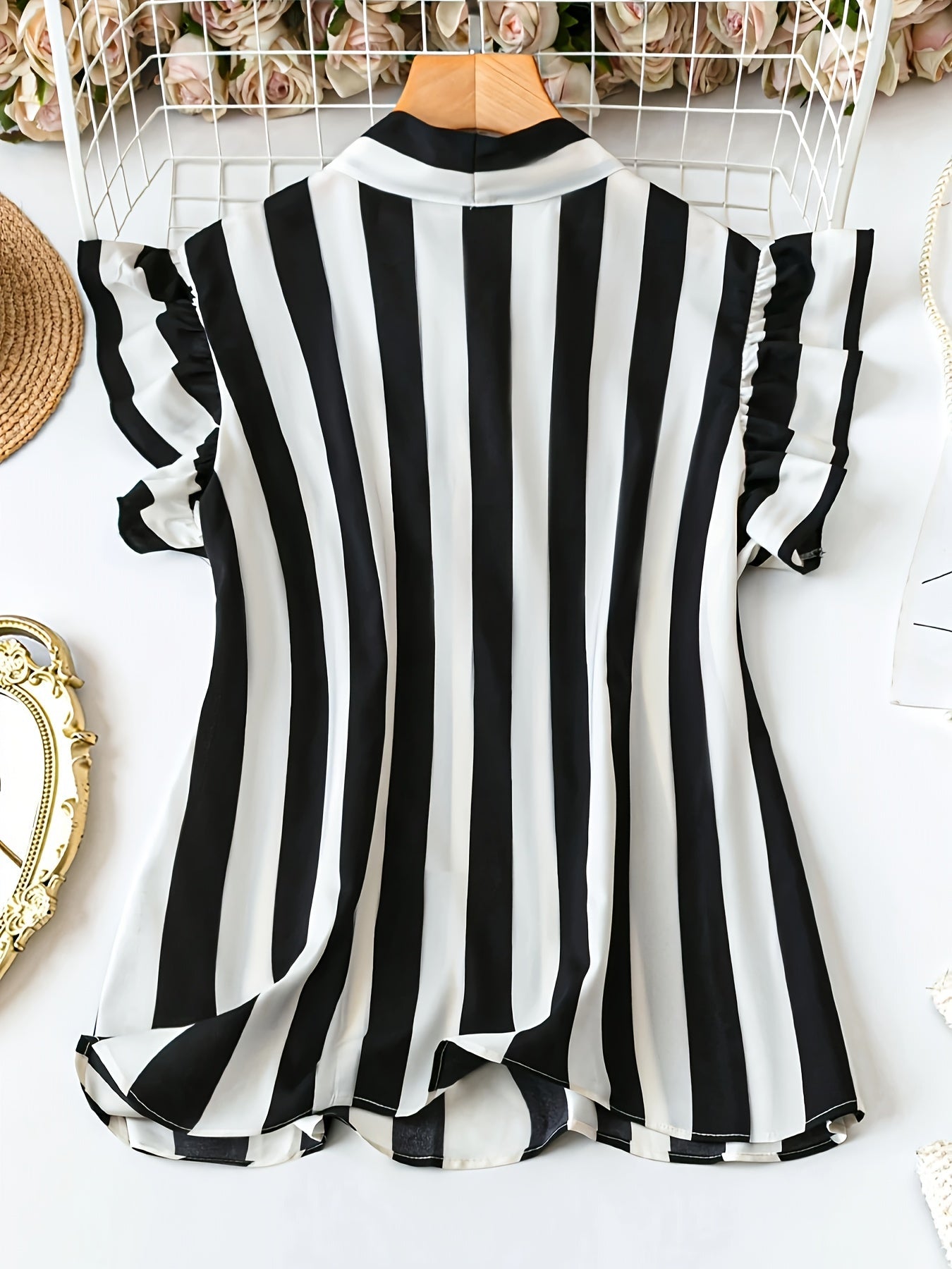 Dam Blus Elegant Randig Med Rosett Sommar Kontorsstil