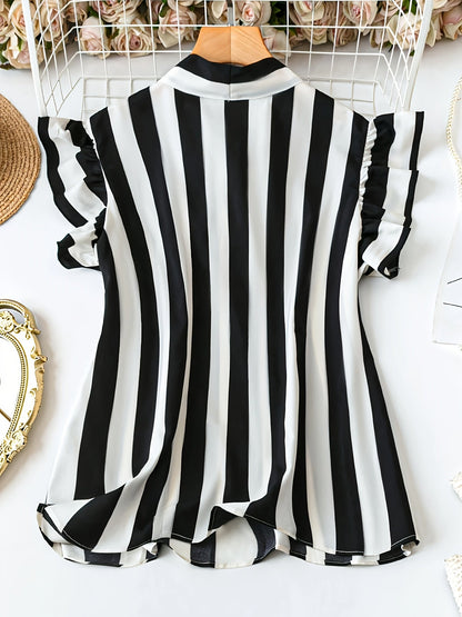 Dam Blus Elegant Randig Med Rosett Sommar Kontorsstil