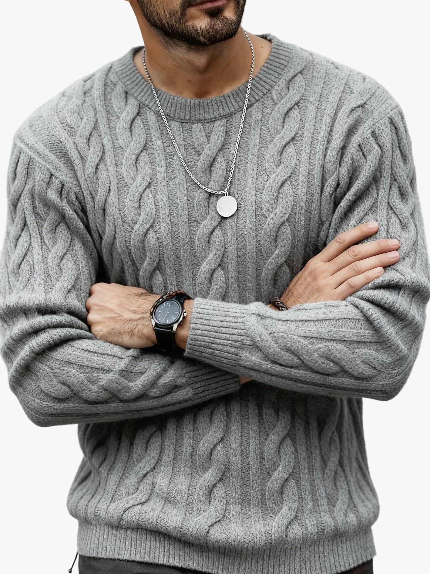Herr Stickad Kabelmönstrad Tröja – Modern och Varm för Höst och Vinter, Casual Stil