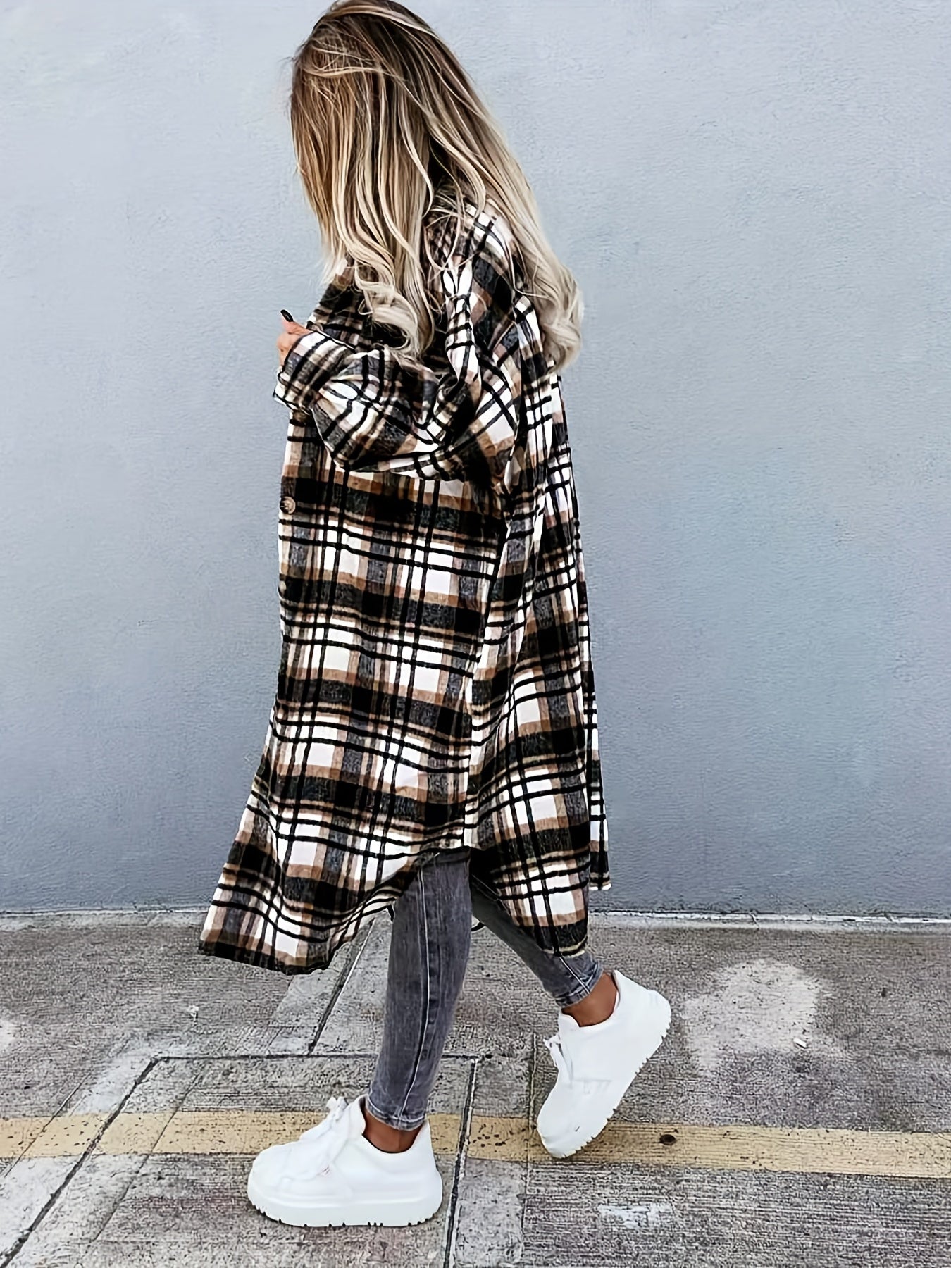 Dam Skjortjacka Lång Oversize Rutig Casual Vår/Höst