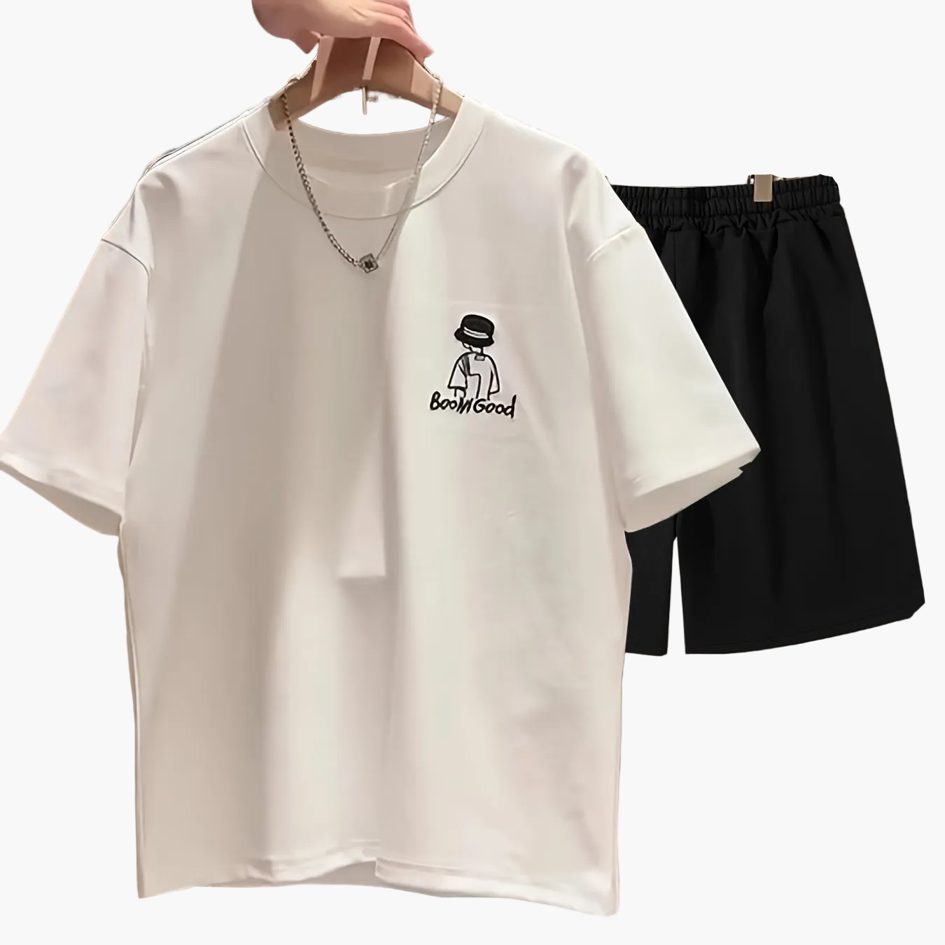 Herrarnas avslappnade set med tryck – t-shirt och shorts, perfekt för vardagsbruk
