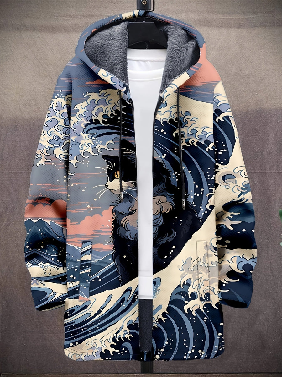 Unisex Lång Parkas med Vågmönster och Fuskpälsfoder